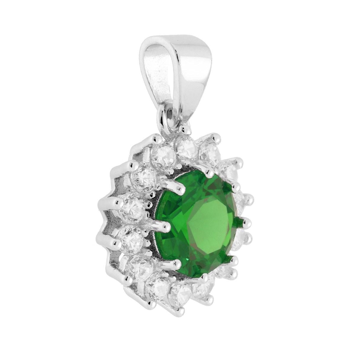 Parure Set Orecchini e Ciondolo Tondo Cubic Zirconia Verde Smeraldo contornato da Cubic Zirconia Bianchi in ARGENTO 925 Galvanica Rodio