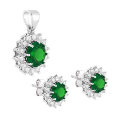 Parure Set Orecchini e Ciondolo Tondo Cubic Zirconia Verde Smeraldo contornato da Cubic Zirconia Bianchi in ARGENTO 925 Galvanica Rodio