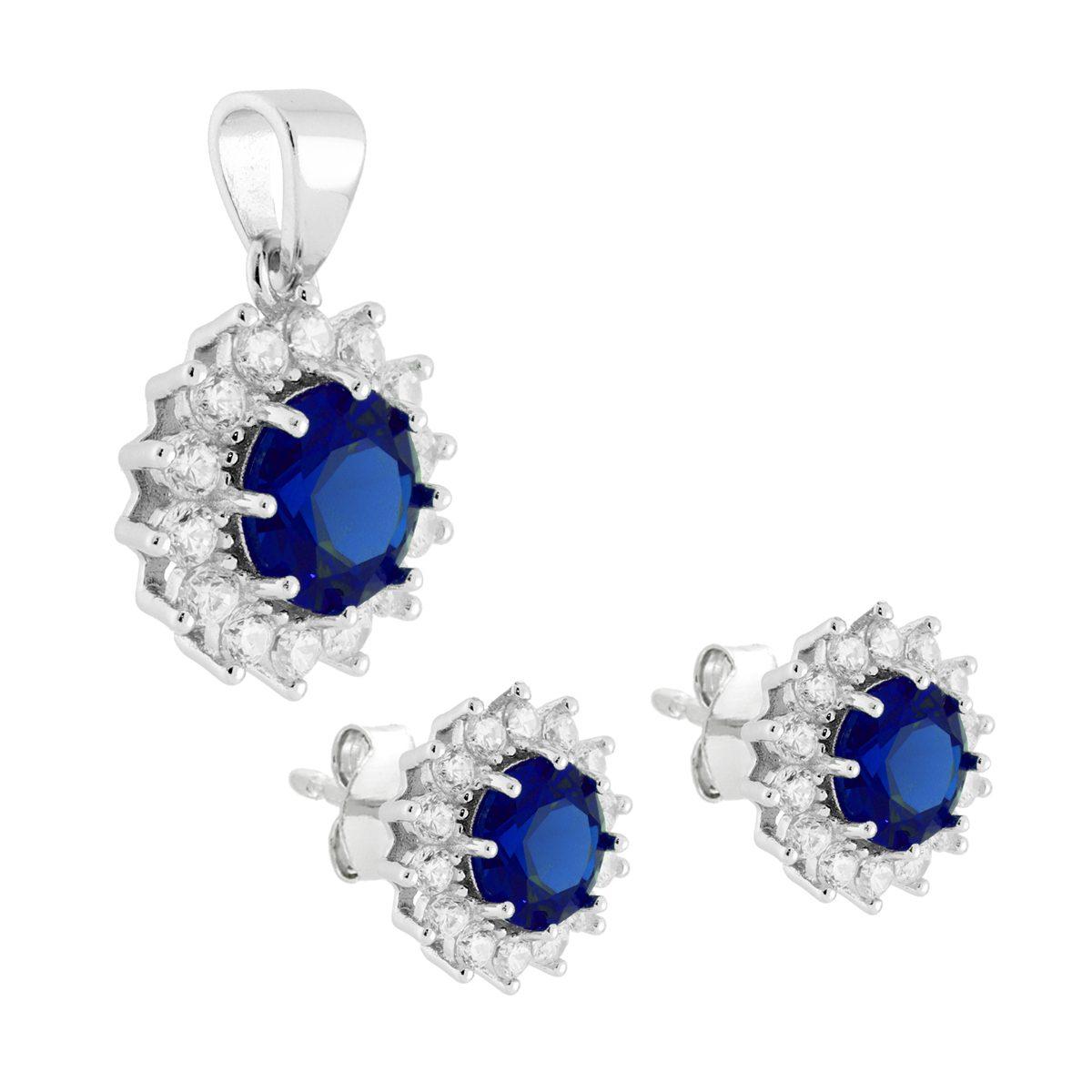 Parure Set Orecchini e Ciondolo Tondo Cubic Zirconia Blu Zaffiro contornato da Cubic Zirconia Bianchi in ARGENTO 925 Galvanica Rodio