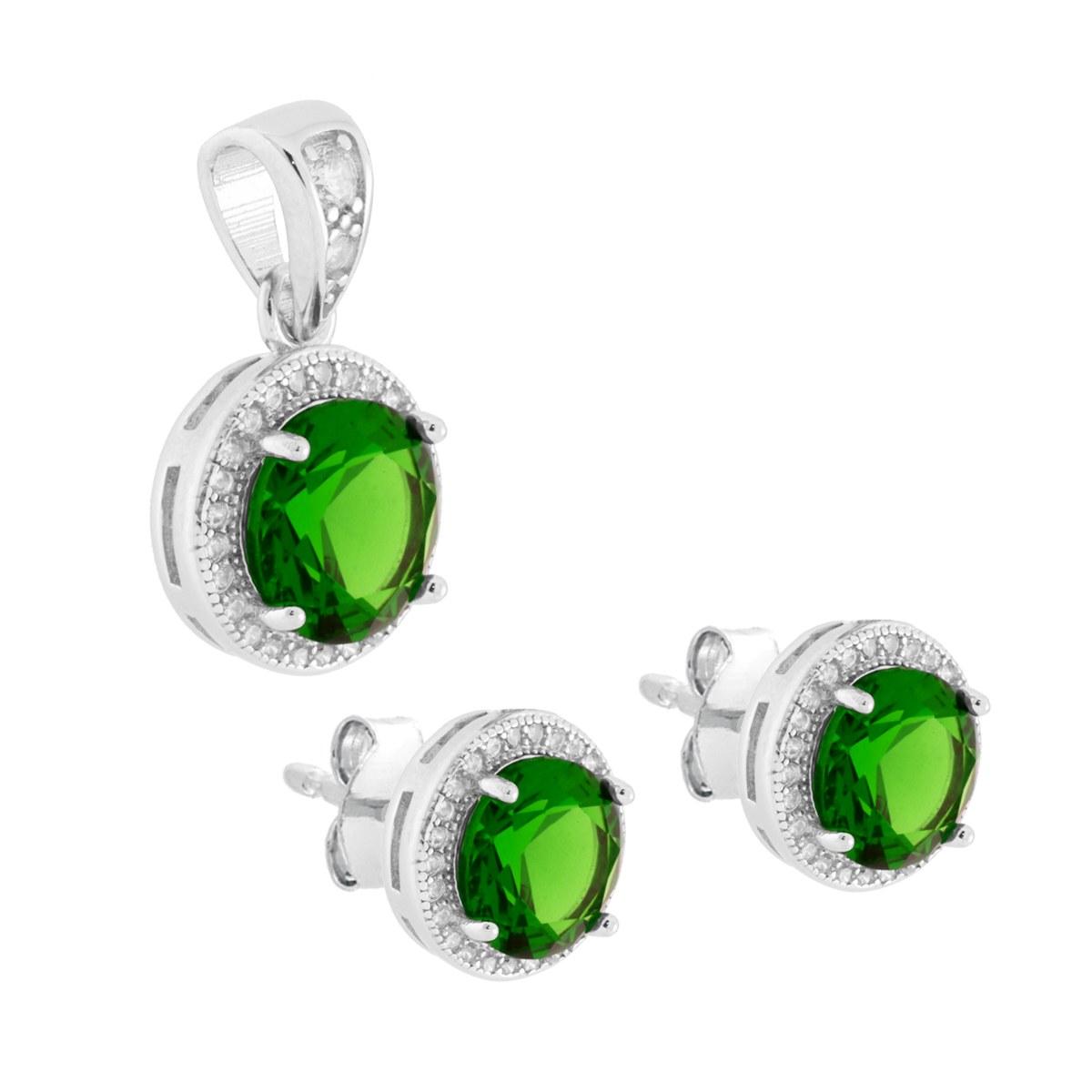 Parure Set Orecchini e Ciondolo Tondo Cubic Zirconia Verde Smeraldo contornato da Cubic Zirconia Bianchi in ARGENTO 925 Galvanica Rodio