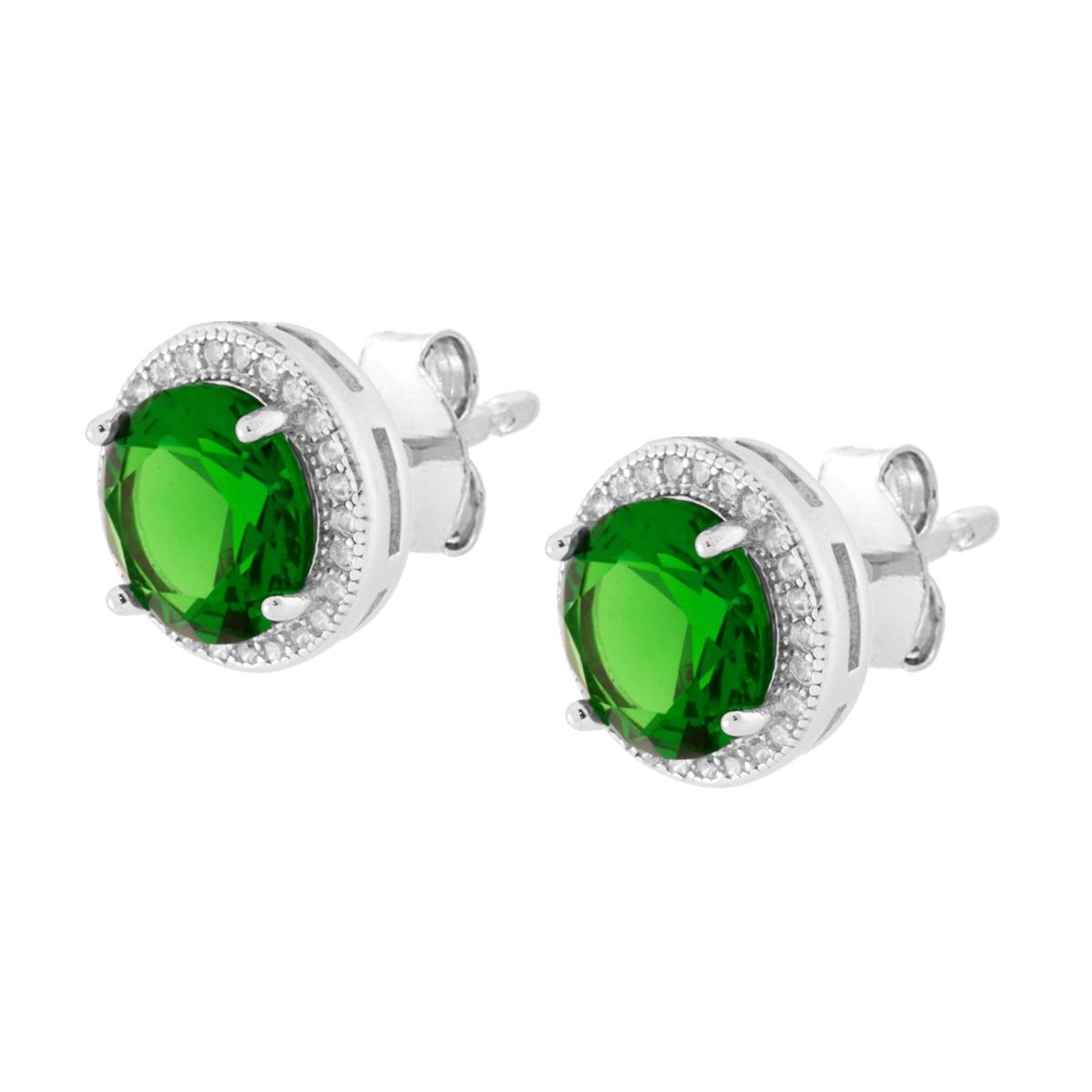 Parure Set Orecchini e Ciondolo Tondo Cubic Zirconia Verde Smeraldo contornato da Cubic Zirconia Bianchi in ARGENTO 925 Galvanica Rodio