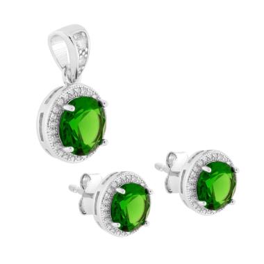Parure Set Orecchini e Ciondolo Tondo Cubic Zirconia Verde Smeraldo contornato da Cubic Zirconia Bianchi in ARGENTO 925 Galvanica Rodio