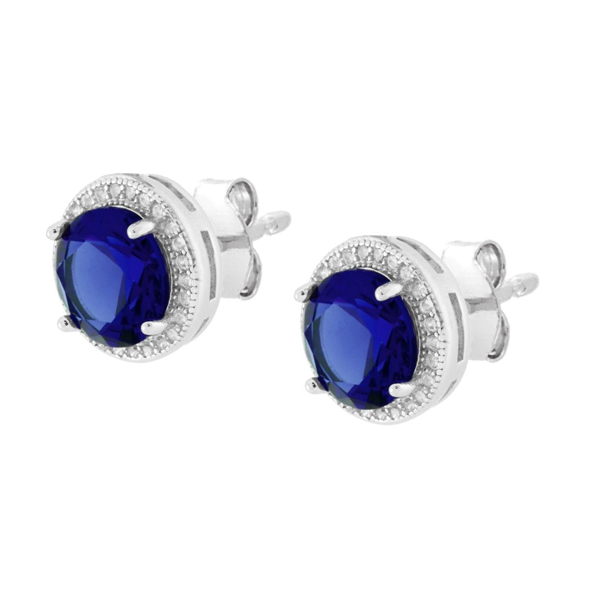 Parure Set Orecchini e Ciondolo Tondo Cubic Zirconia Blu Zaffiro contornato da Cubic Zirconia Bianchi in ARGENTO 925 Galvanica Rodio