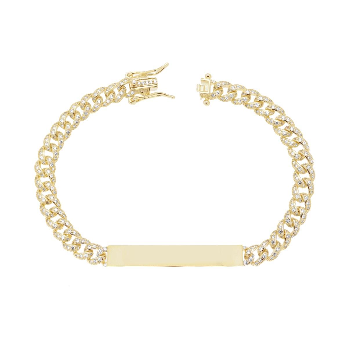 Bracciale Targa con Catena Grumetta con Cubic Zirconia Bianchi in ARGENTO 925 Galvanica Oro