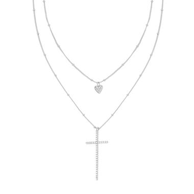 Collana due fili Catena Grumetta Diamantata con Cuore e Croce pendenti con Cubic Zirconia Bianchi in ARGENTO 925 Galvanica Rodio