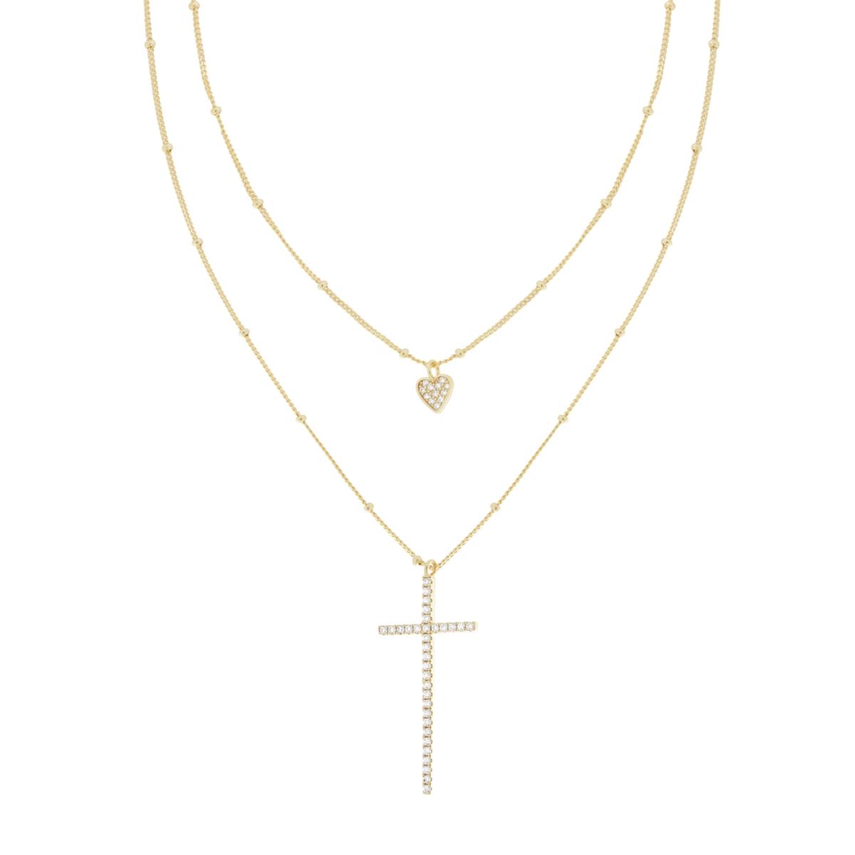 Collana due fili Catena Grumetta Diamantata con Cuore e Croce pendenti con Cubic Zirconia Bianchi in ARGENTO 925 Galvanica Oro