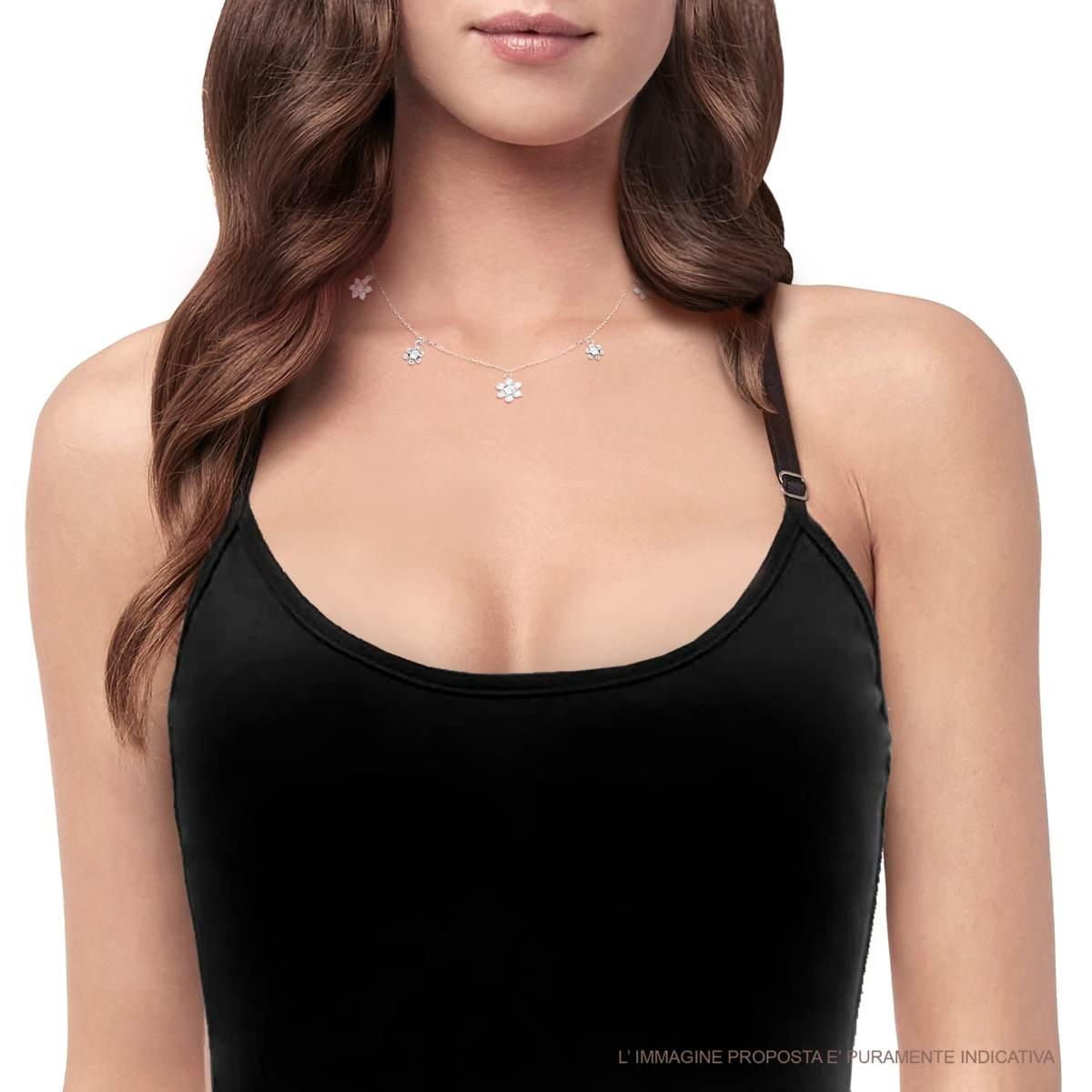 Collana Catena Forzatina Diamantata con Fiori pendenti e Cubic Zirconia Bianchi in ARGENTO 925 Galvanica Rodio