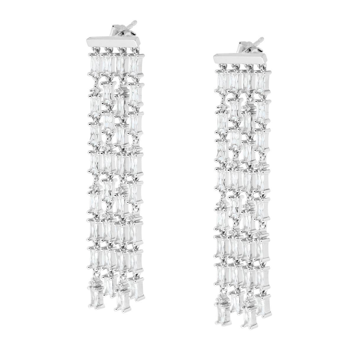 Orecchini Lunghi Pendenti Chandelier con Cubic Zirconia Bianchi taglio Baguette in ARGENTO 925 Galvanica Rodio