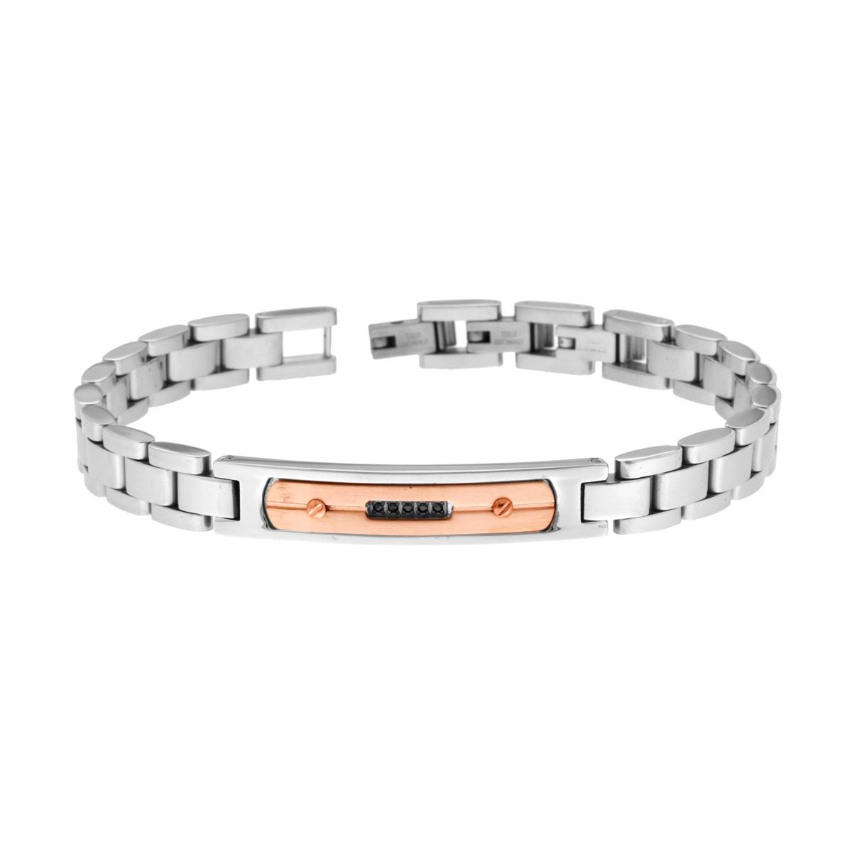 Bracciale Uomo Maglia Imperniata con dettagli Rosa Targa e Crystal Nero in ACCIAIO