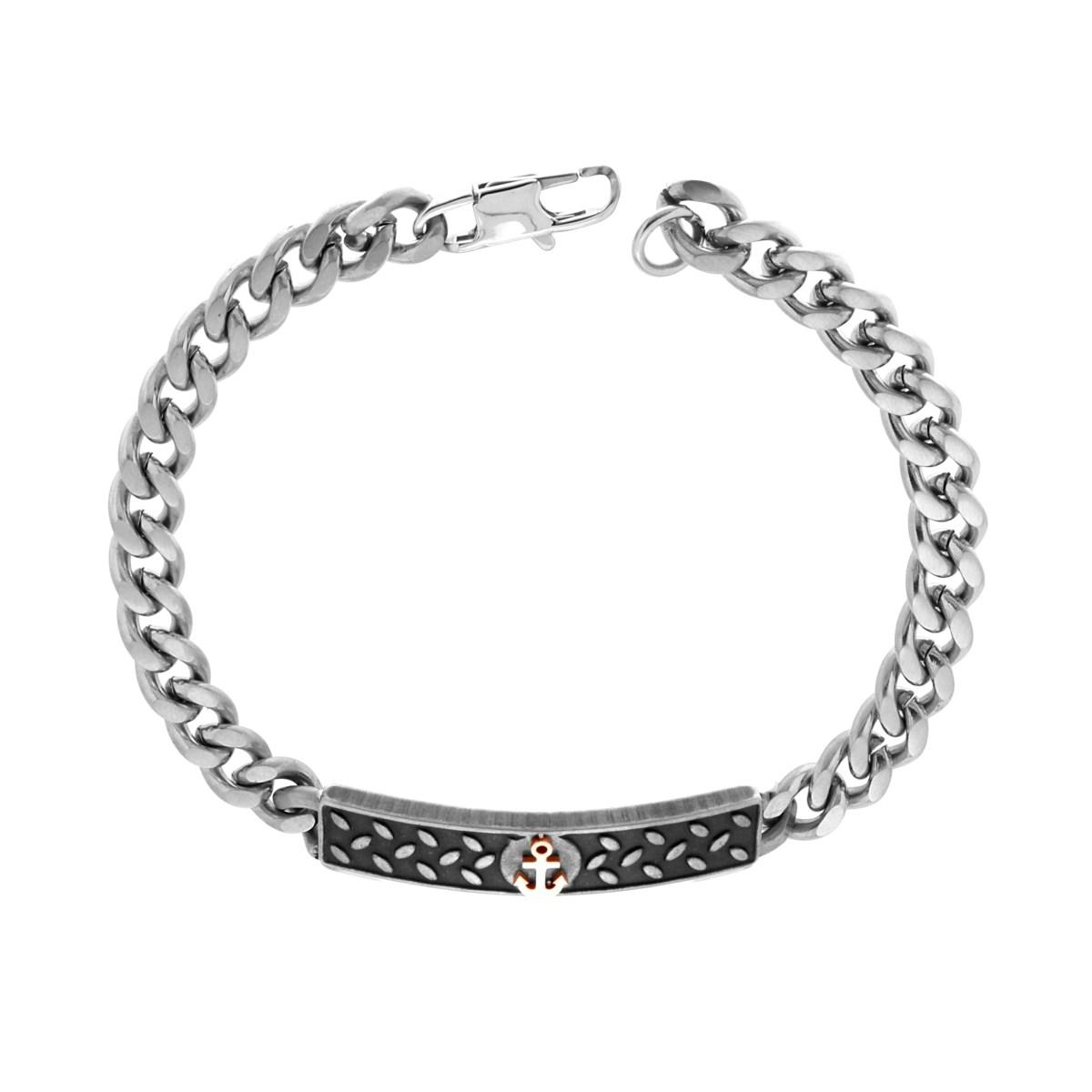 Bracciale Uomo Catena Grumetta con Targa e Ancora colore Rosa in ACCIAIO Brunito