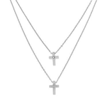 Collana con doppia Catena e doppio pendente a forma di Croce con Cubic Zirconia Bianco in ACCIAIO