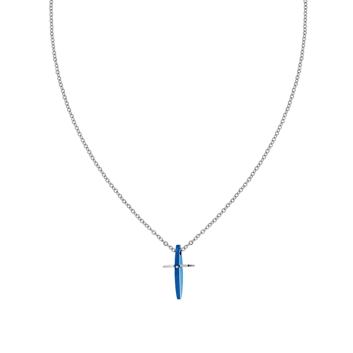 Collana Catena Forzatina Diamantata con Croce pendente con dettaglio colore Blu con Crystal Bianco in ACCIAIO