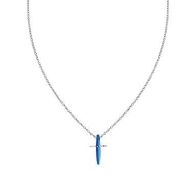 Collana Catena Forzatina Diamantata con Croce pendente con dettaglio colore Blu con Crystal Bianco in ACCIAIO