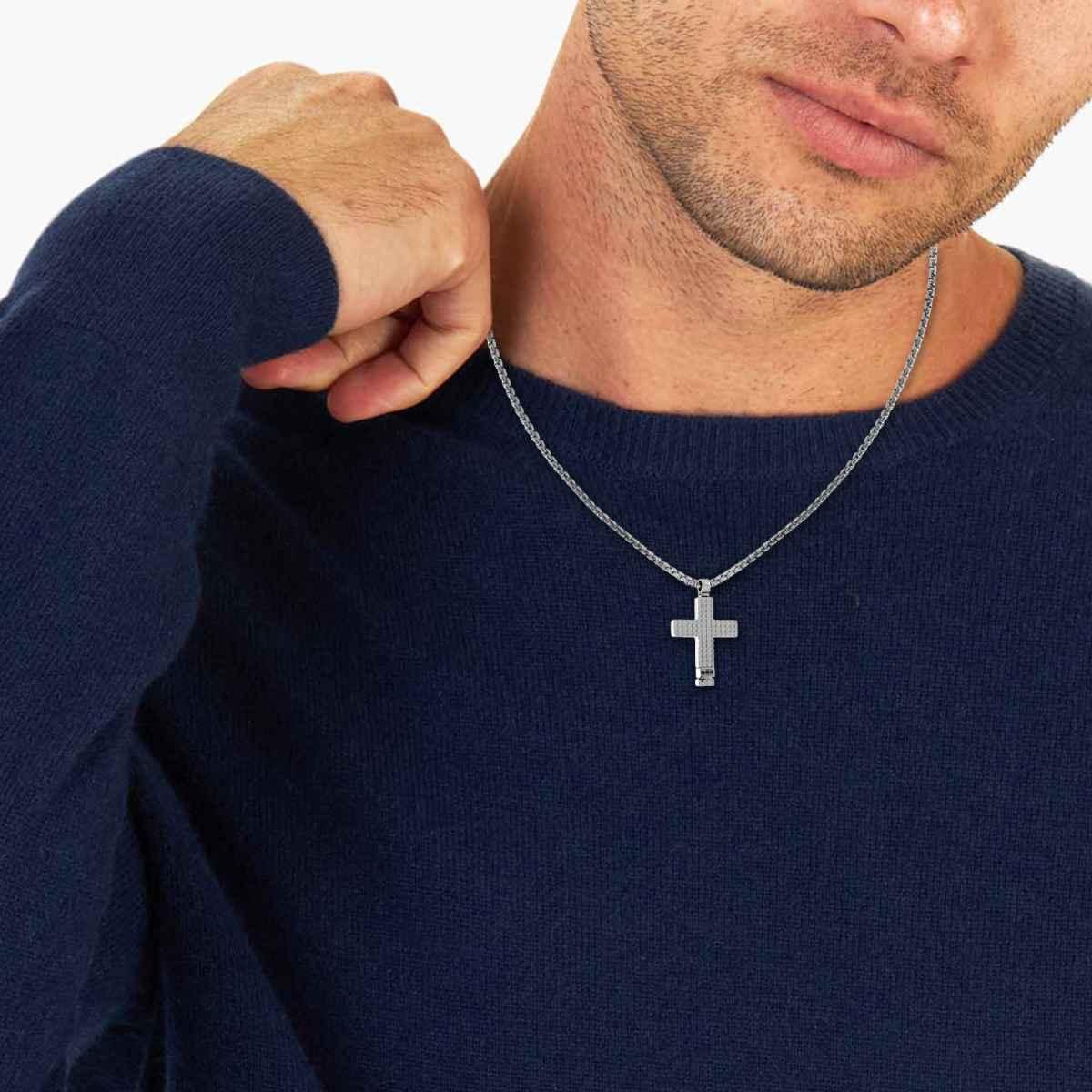 Collana Catena Veneziana tonda con Croce quadrettata pendente e Crystal Neri in ACCIAIO
