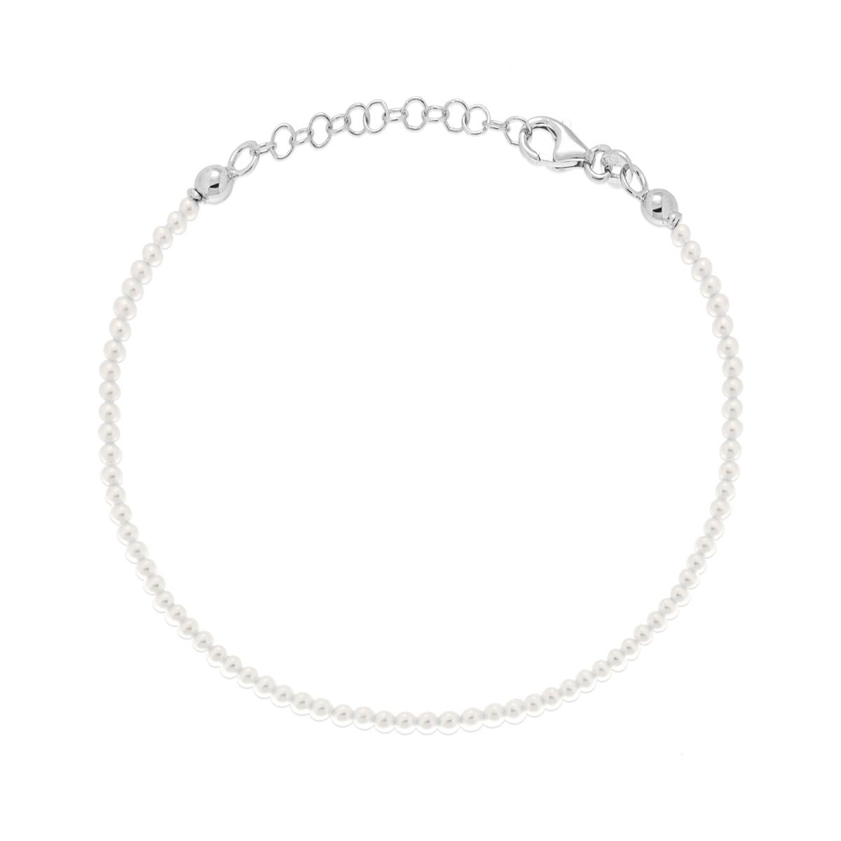 Bracciale Perla mm 2 in Vetro perlato con filo e chiusura in ARGENTO 925 Galvanica Rodio