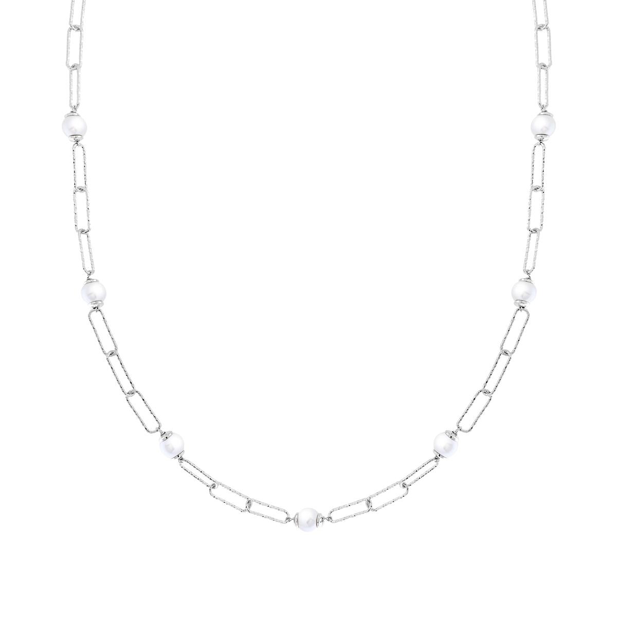 Collana Catena Grumetta allungata Diamantate con Perla vetro perlato in ARGENTO 925 Galvanica Rodio