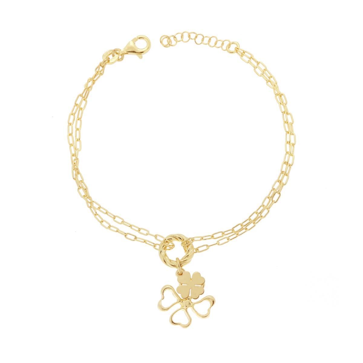 Bracciale due Fili Catena Forzatina Allungata con Quadrifogli pendenti in ARGENTO 925 Galvanica Oro