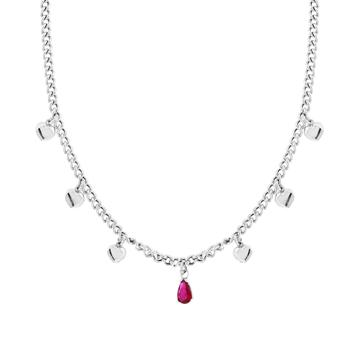 Collana Catena Grumetta con Cuori e Goccia Cubic Zirconia Rosso Rubino pendenti in ARGENTO 925 Galvanica Rodio