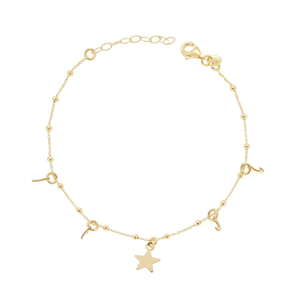 Bracciale Catena Forzatina Diamantata con Palline lisce Lune e Stella pendenti in ARGENTO 925 Galvanica Oro