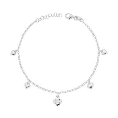 Bracciale Catena Rolo Diamantata con Cuori e Quadrifoglio pendenti in ARGENTO 925 Galvanica Rodio
