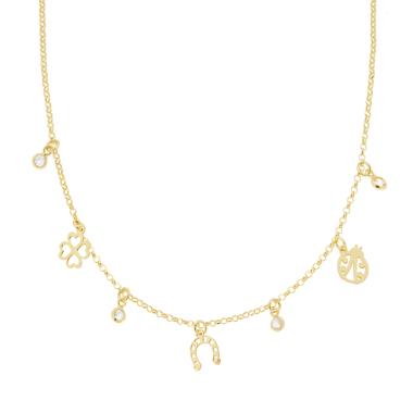 Collana Catena Rolo Diamantata con Coccinella Ferro di Cavallo Quadrifoglio portafortuna e Cubic Zirconia Bianchi pendenti in ARGENTO 925 Galvanica Oro