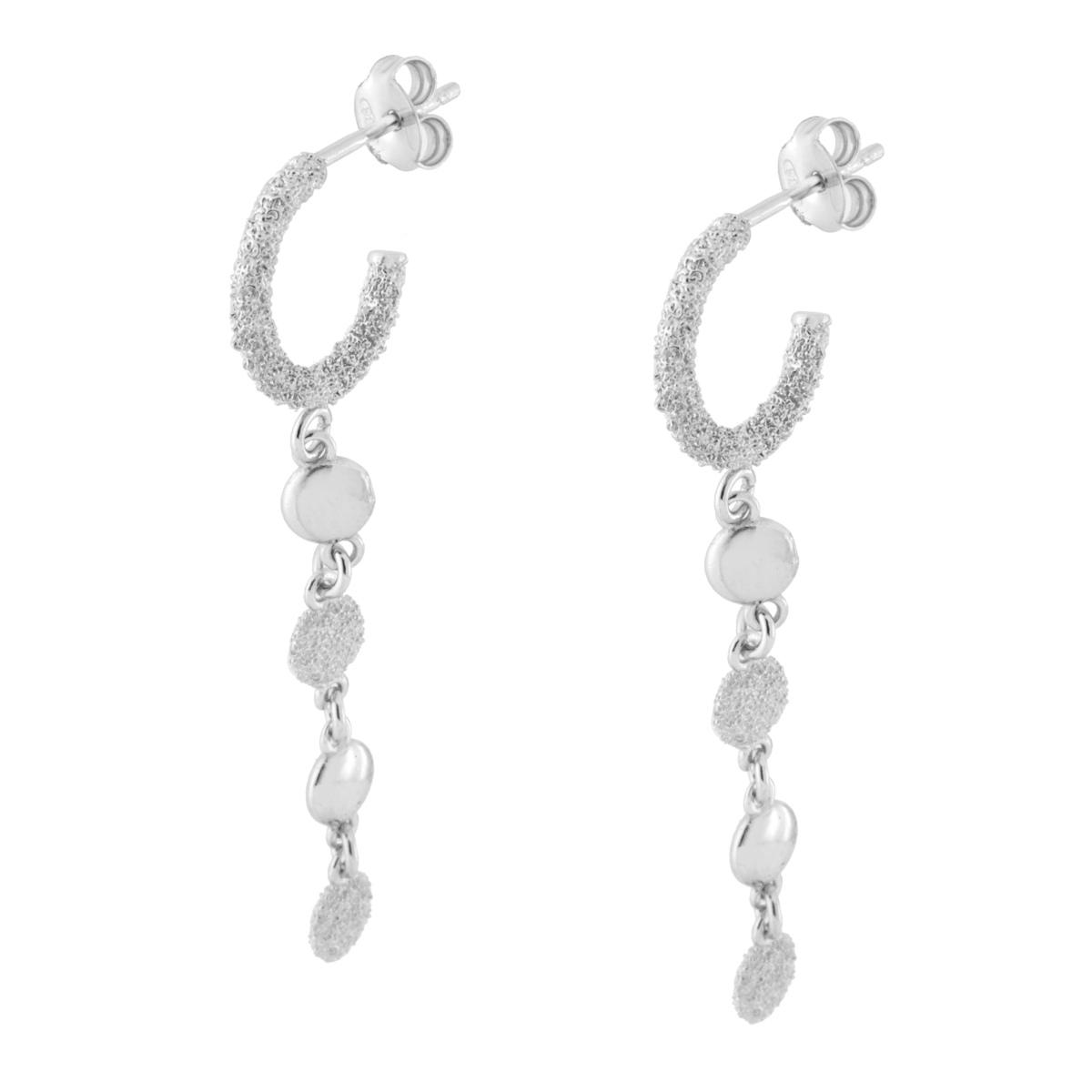 Orecchini Cerchio Diamantato con Catena Tondi pendenti in ARGENTO 925 Galvanica Rodio