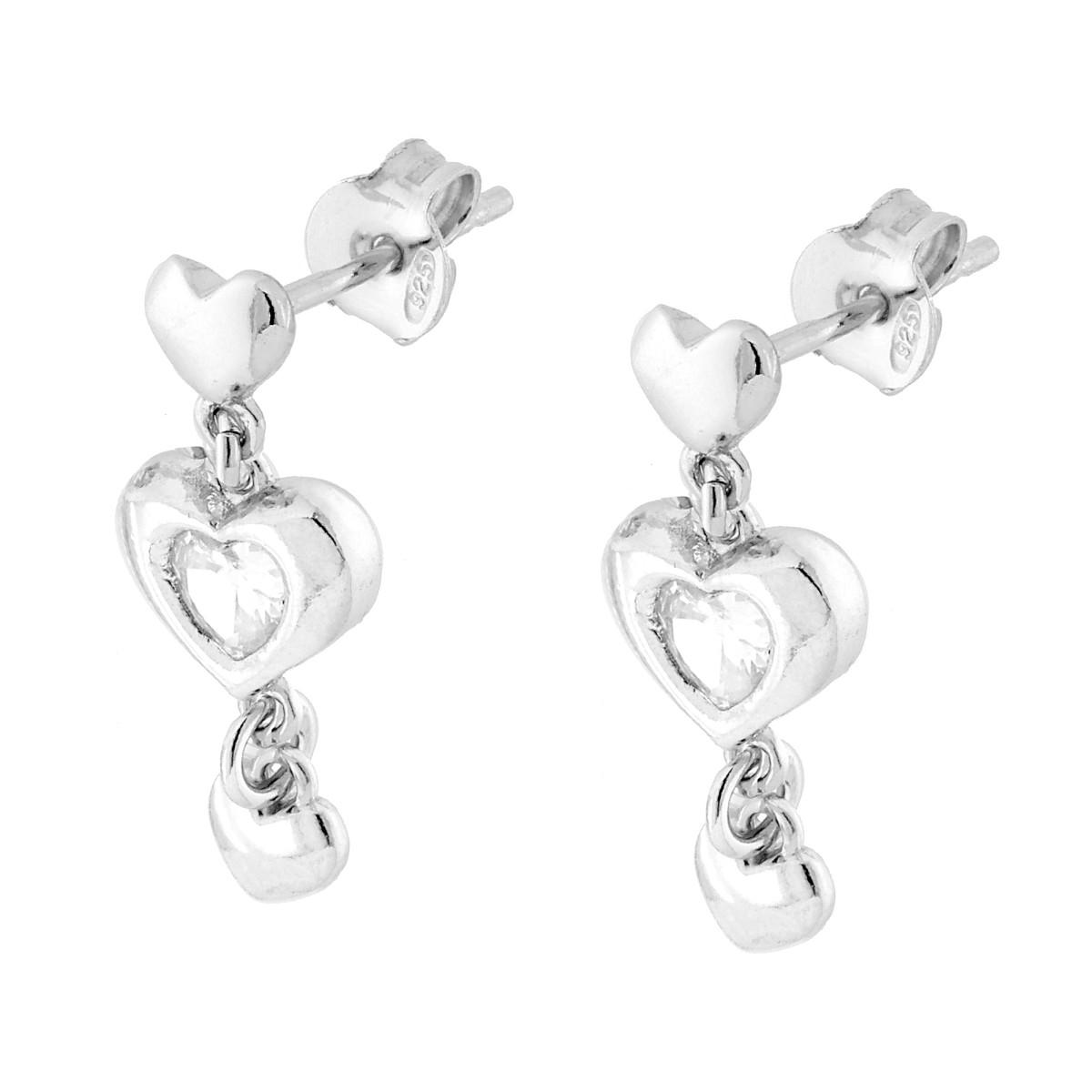 Orecchini Cuori e Cubic Zirconia Bianco pendenti in ARGENTO 925 Galvanica Rodio