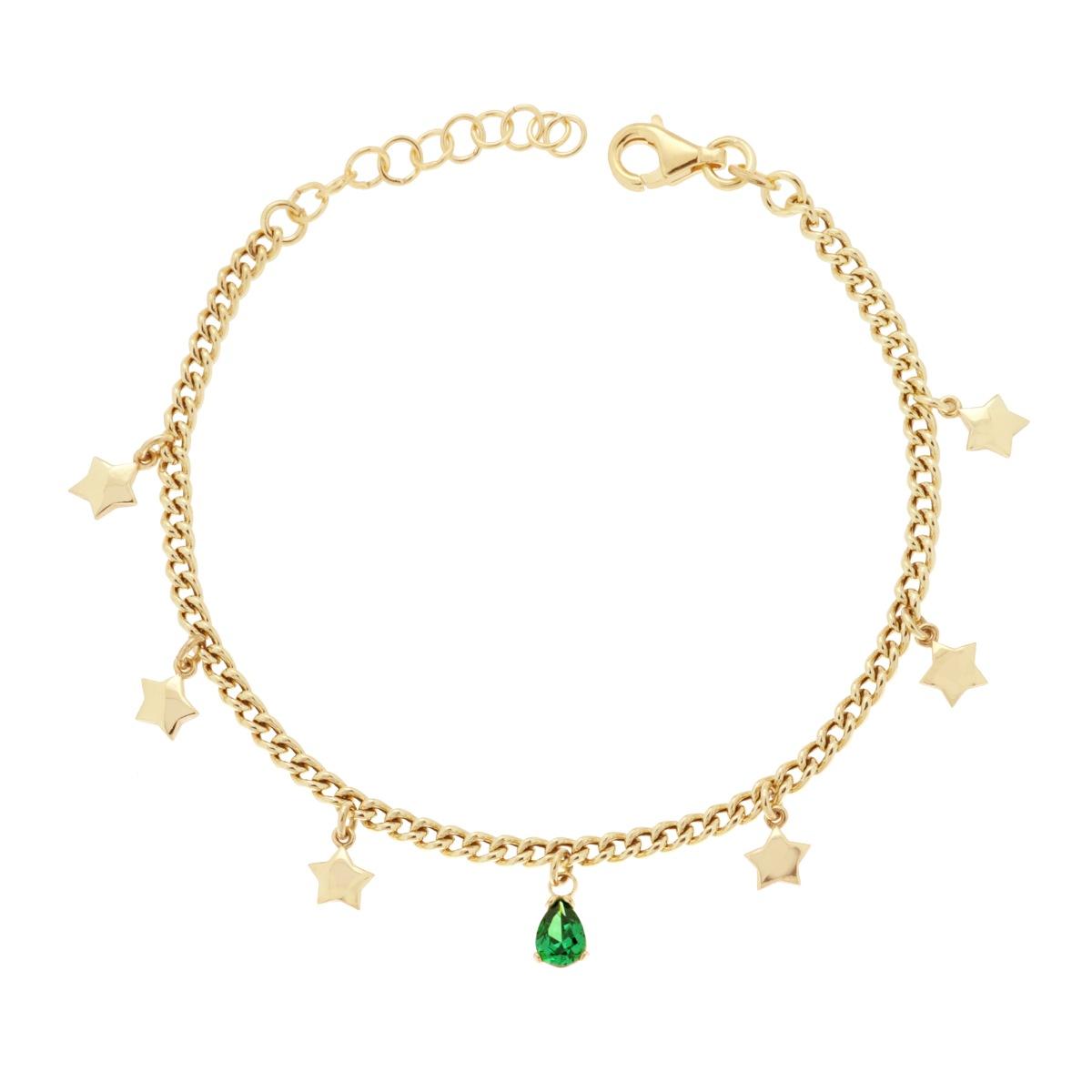 Bracciale Catena Grumetta con Stelle e Goccia Cubic Zirconia Verde Smeraldo pendenti in ARGENTO 925 Galvanica Oro