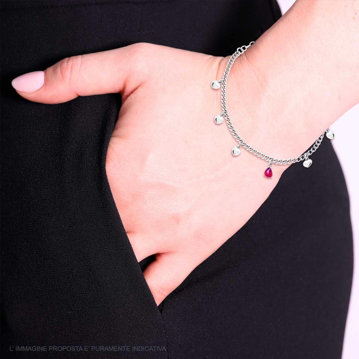 Bracciale Catena Grumetta con Cuori e Goccia Cubic Zirconia Rosso Rubino pendenti in ARGENTO 925 Galvanica Rodio