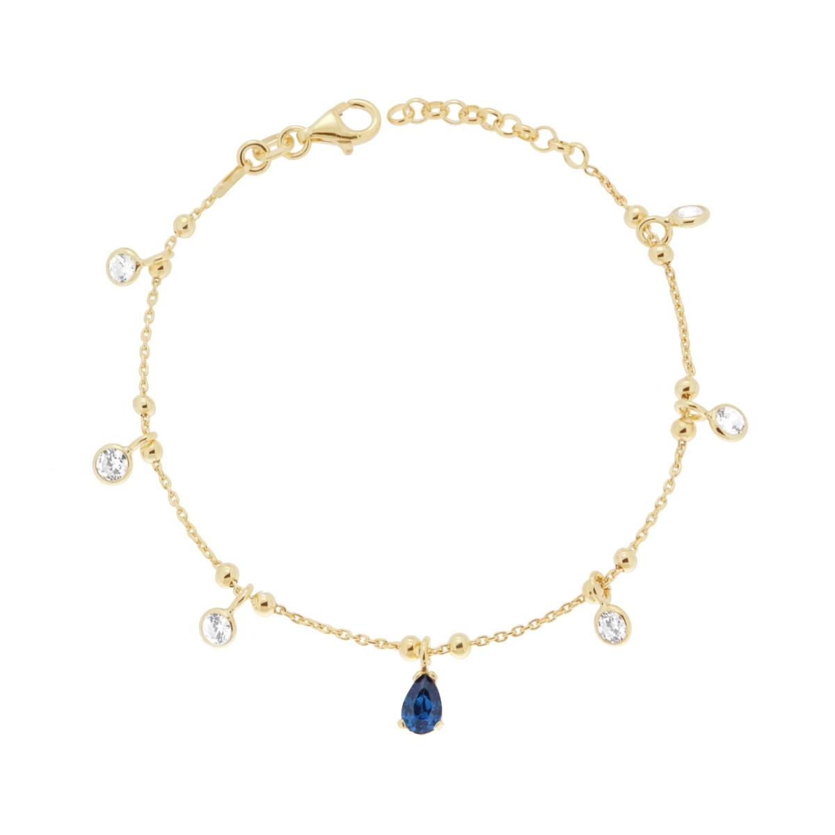 Bracciale Catena Forzatina Diamantata con Cubic Zirconia Bianchi e Goccia Blu Zaffiro pendenti in ARGENTO 925 Galvanica Oro