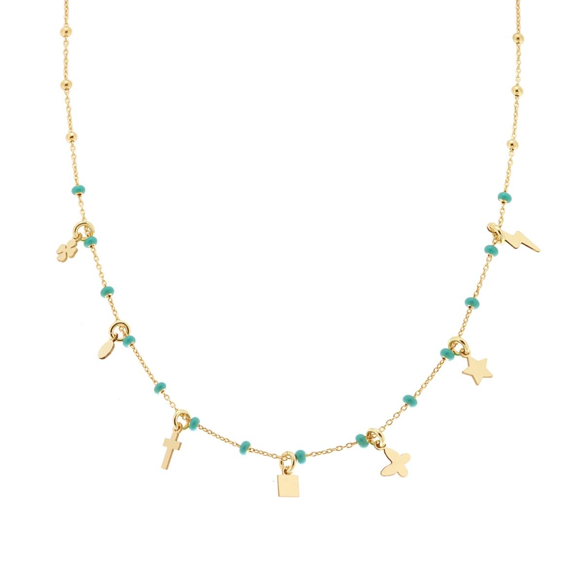 Collana Catena Forzatina Diamantata con Palline smaltate Verde e Charms pendenti in ARGENTO 925 Galvanica Oro
