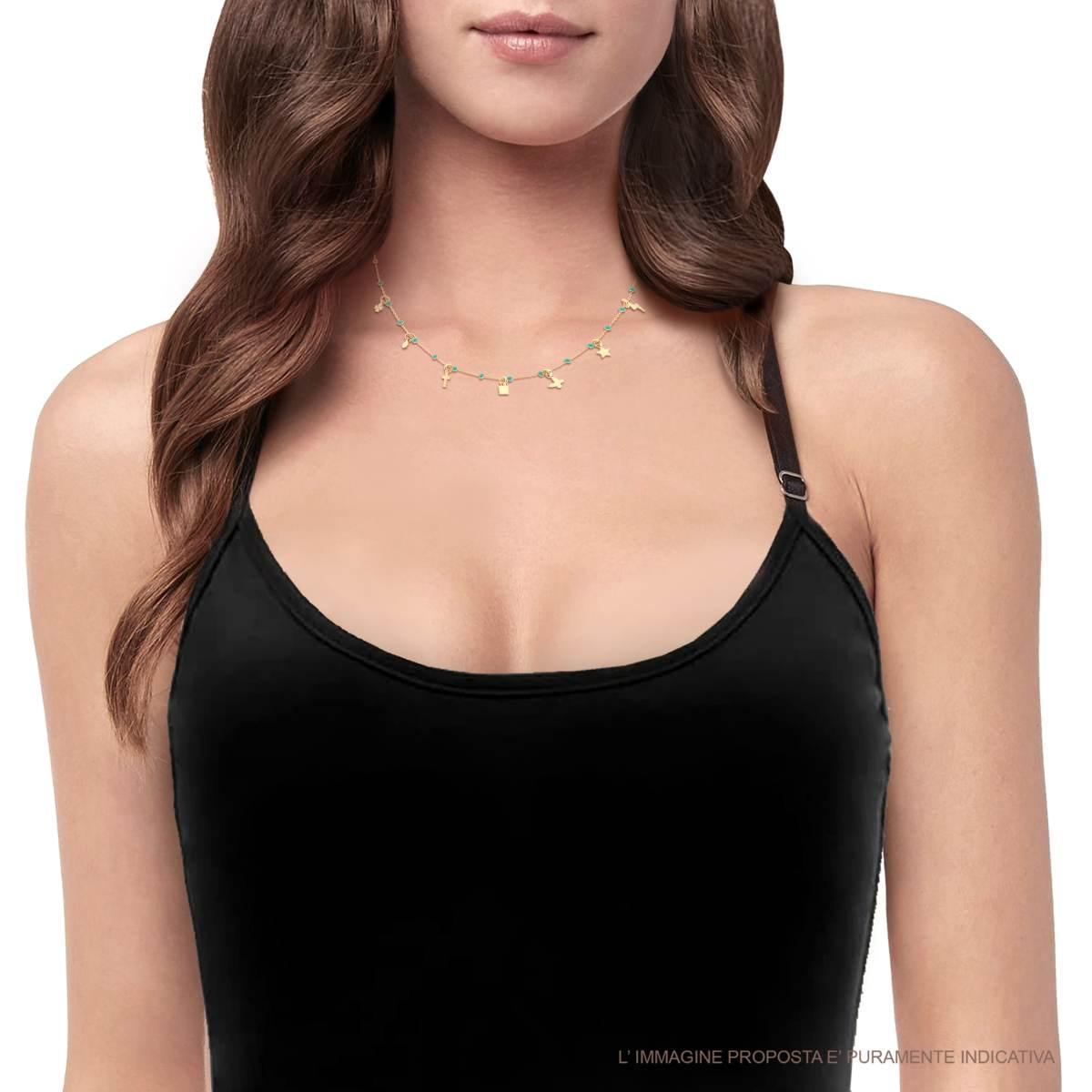 Collana Catena Forzatina Diamantata con Palline smaltate Verde e Charms pendenti in ARGENTO 925 Galvanica Oro