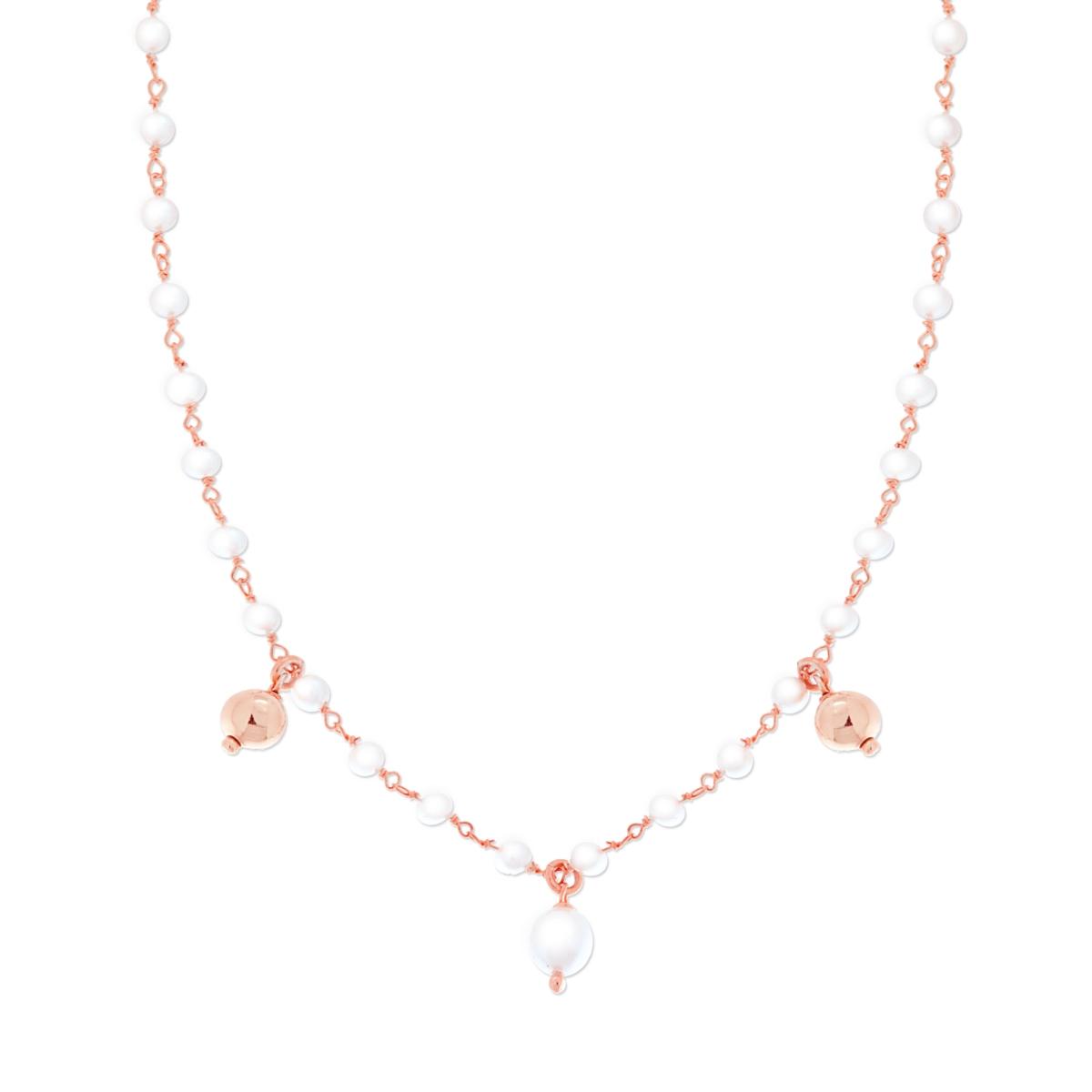 Collana Catena con Perle vetro perlato e Palline pendenti in ARGENTO 925 Galvanica Rosa