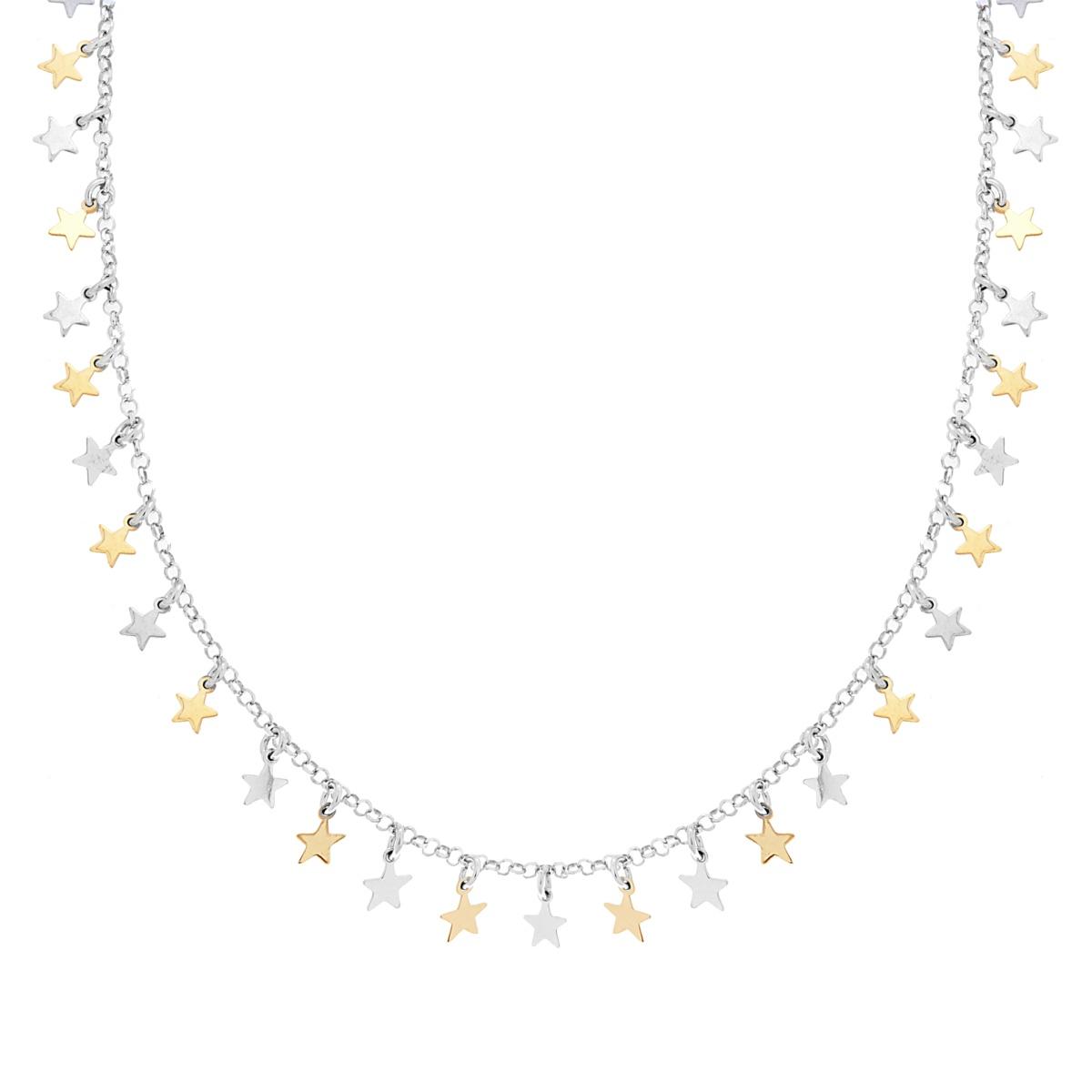 Collana Catena Rolo Diamantata con Stelle plain pendenti in ARGENTO 925 Galvanica Rodio e Oro