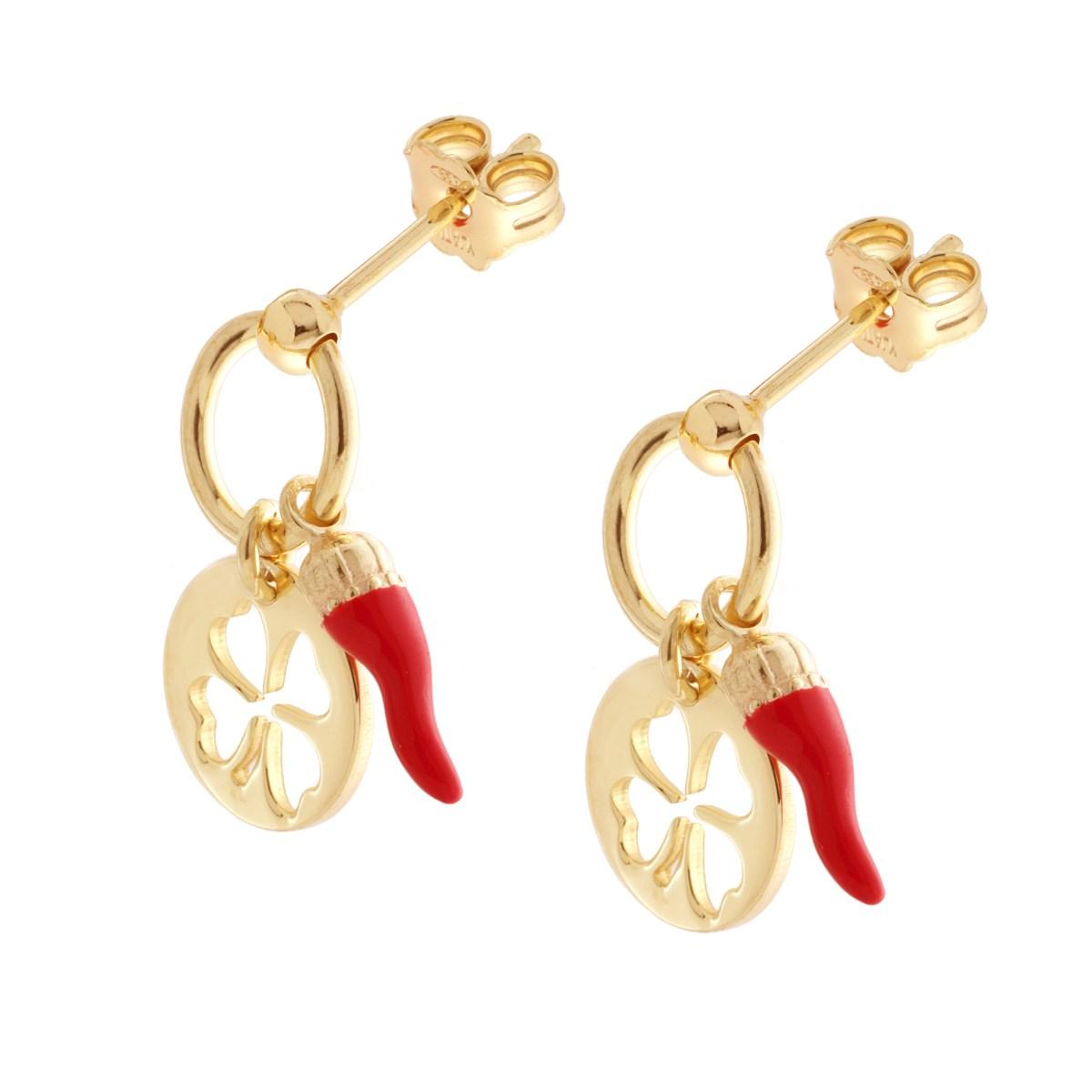 Orecchini con Corno smalto Rosso Portafortuna e Quadrigoglio pendenti in ARGENTO 925 Galvanica Oro