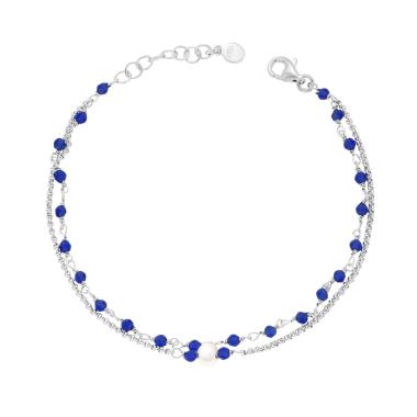Bracciale due fili Catena Rolo Diamantata con Perla e Crystal Blu in ARGENTO 925 Galvanica Rodio