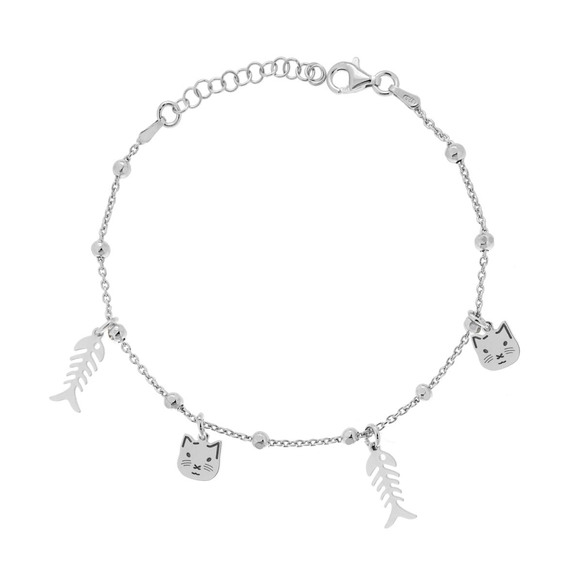 Bracciale Catena Forzatina e palline Diamantate con Gatti e Lische di Pesce pendenti in ARGENTO 925 Galvanica Rodio
