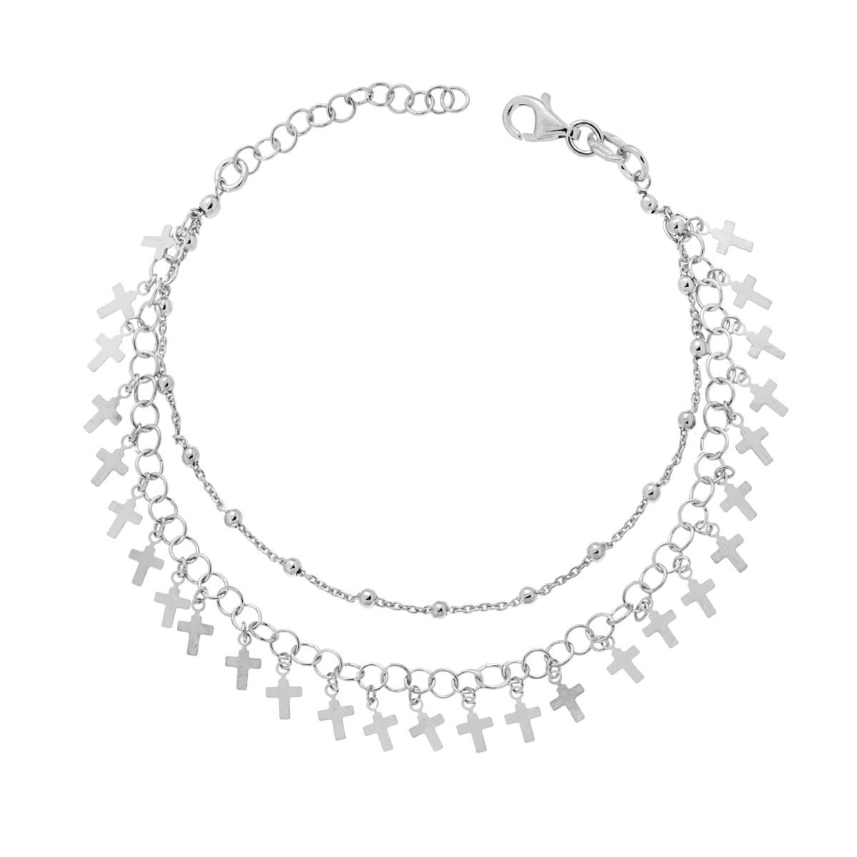 Bracciale due fili Catena Forzatina Diamantata e Palline lisce con Croci plain pendenti in ARGENTO 925 Galvanica Rodio