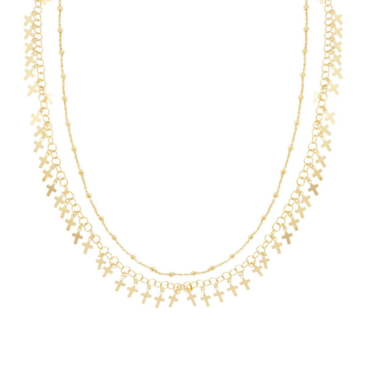 Collana due fili Catena Forzatina Diamantata e Palline lisce con Croci plain pendenti  in ARGENTO 925 Galvanica Oro