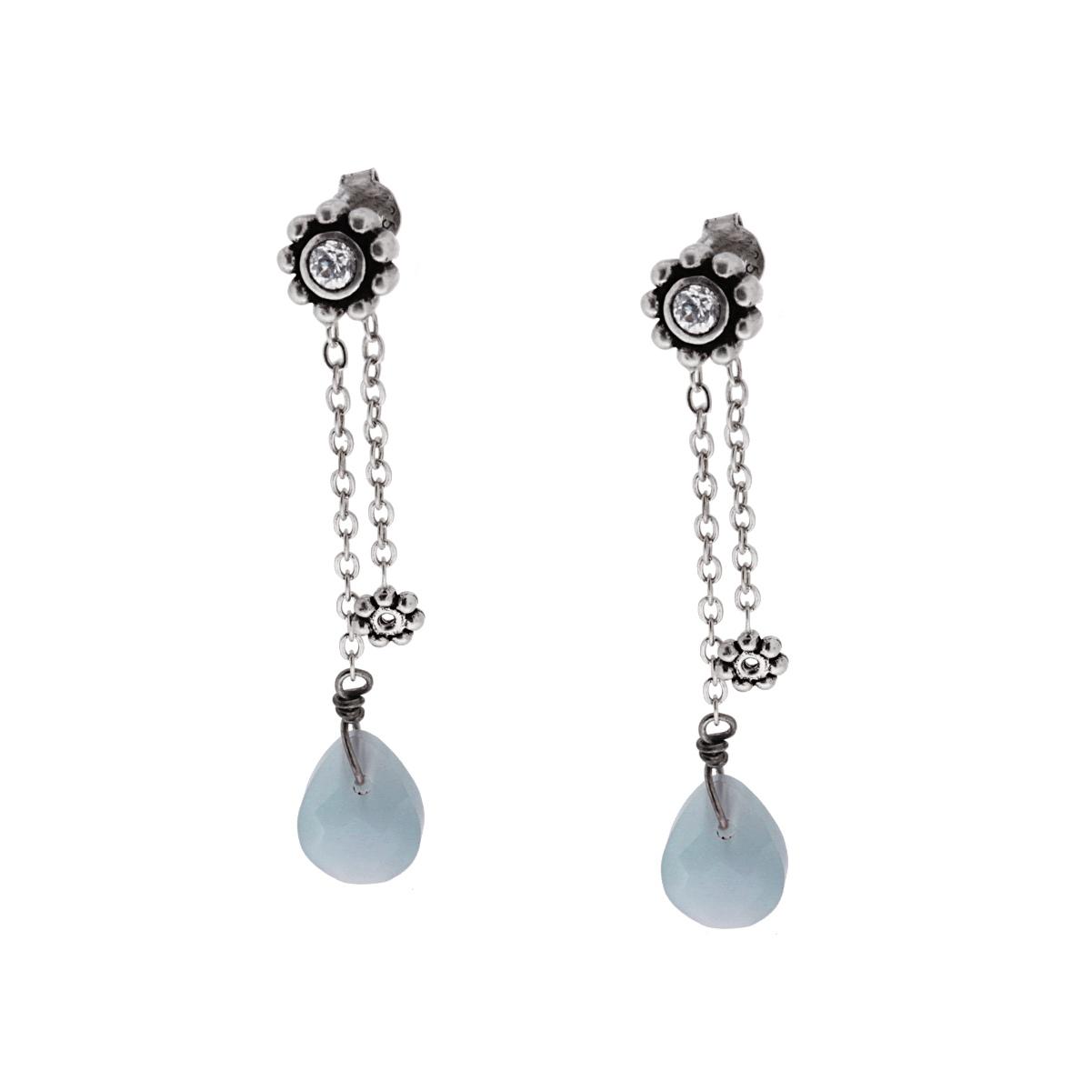 Orecchini Etnici Due Pendenti con Fiore Zircone Bianco e Pietra Naturale Goccia Calcedonio in ARGENTO 925