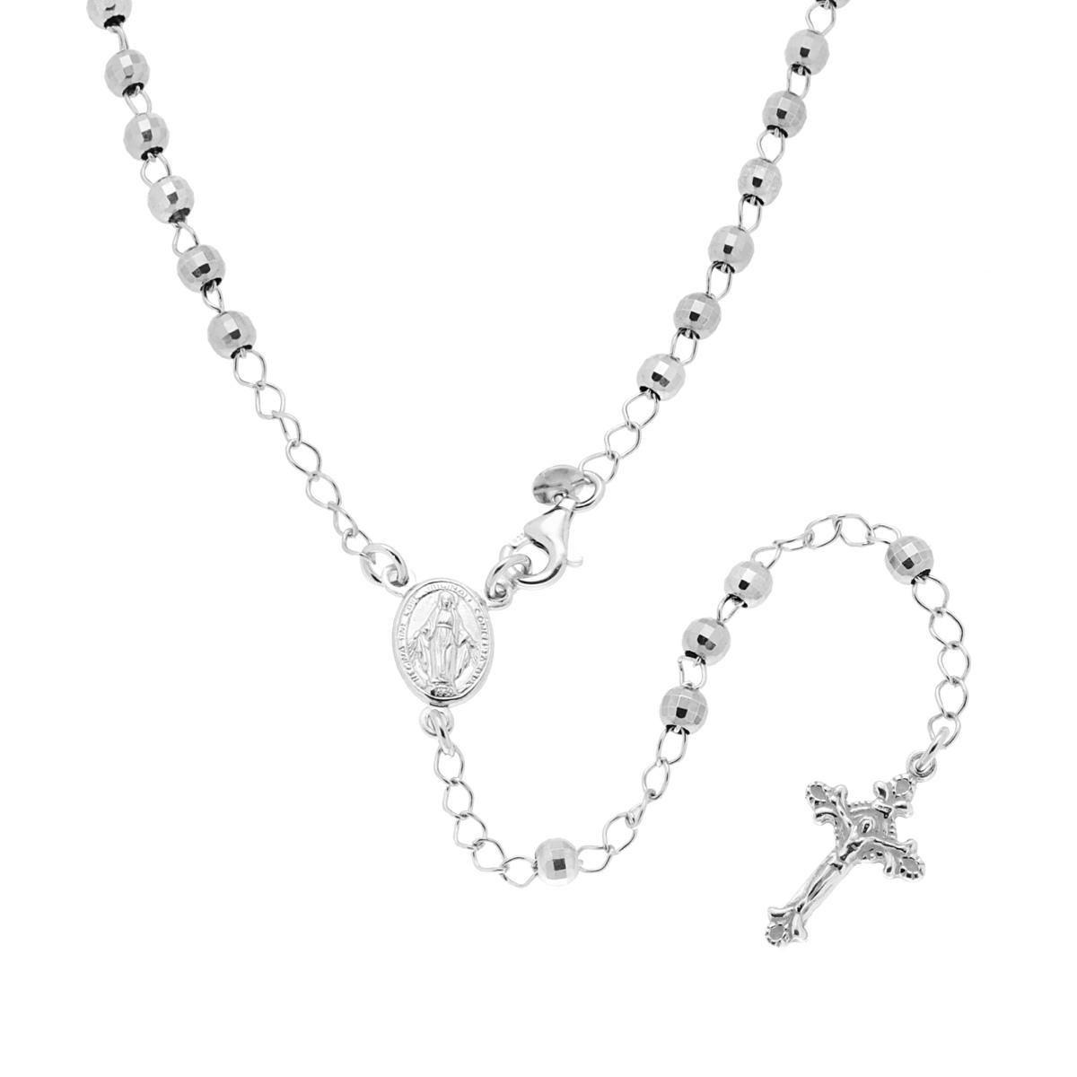 Collana Rosario cm 45 con Grani a pallina Diamantata mm 4 in ARGENTO 925 Galvanica Rodio