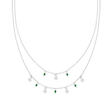 Collana due fili Catena Forzatina Diamantata con Trifogli plain e Crystal Verde Smeraldo pendente in ARGENTO 925 Galvanica Rodio