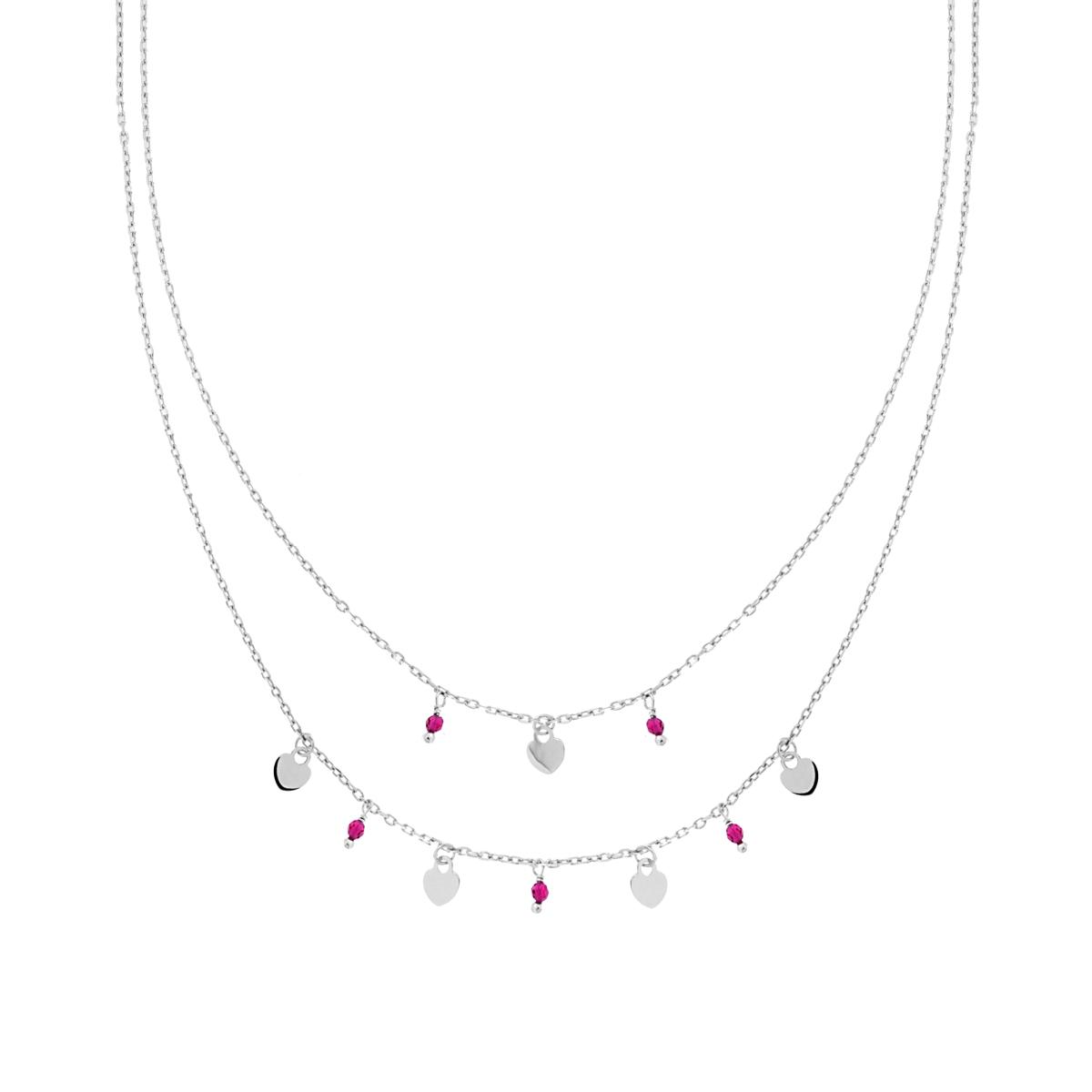Collana due fili Catena Forzatina Diamantata con Cuori plain e Crystal Rosso Rubino pendente in ARGENTO 925 Galvanica Rodio