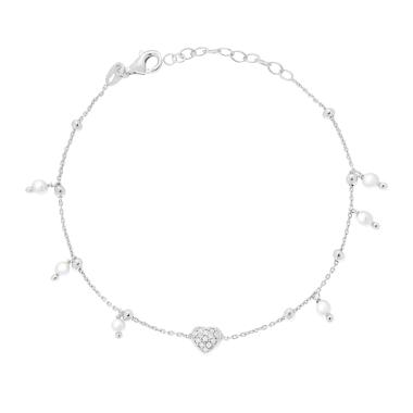 Bracciale Catena Forzatina Diamantata con Perle pendenti e Cuore con Cubic Zirconia Bianchi in ARGENTO 925 Galvanica Rodio