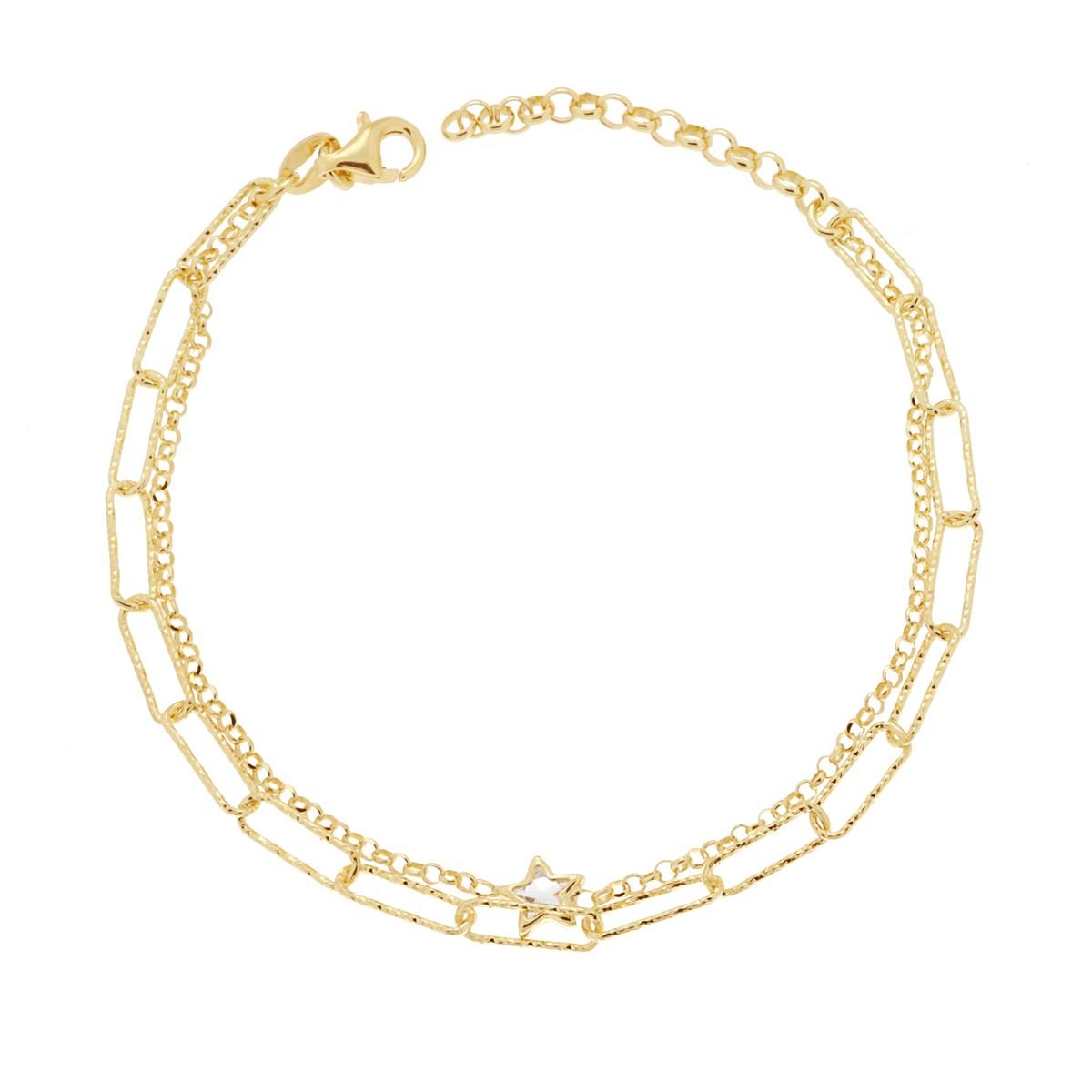 Bracciale due fili Catena Forzatina Rada e Rolo Diamantata con Stella Cubic Zirconia Bianco in ARGENTO 925 Galvanica Oro