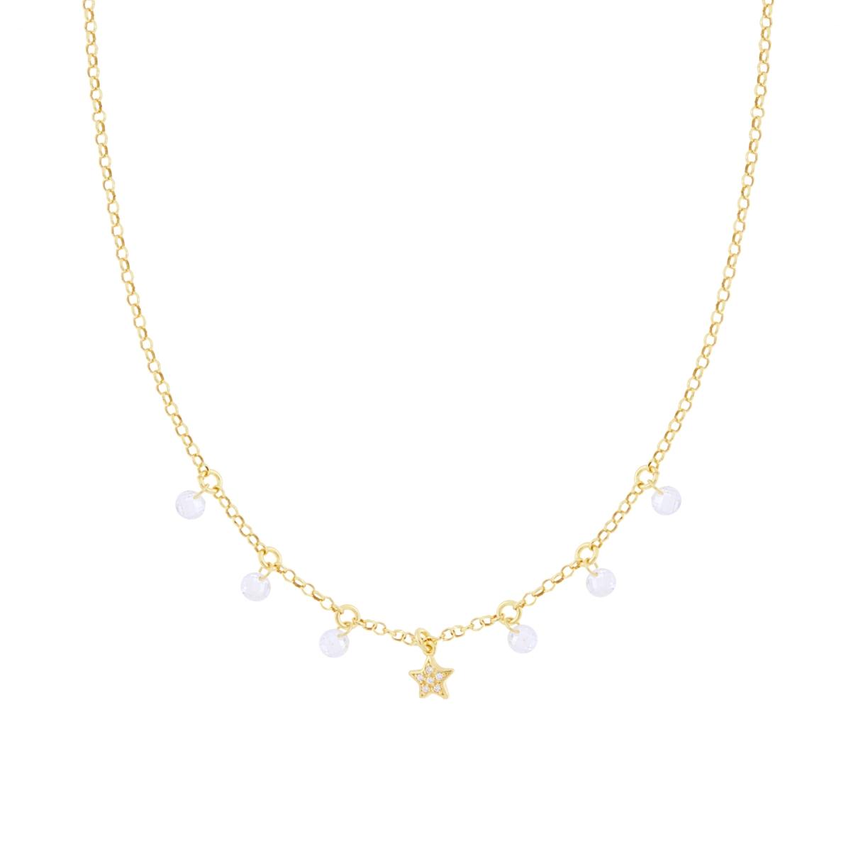 Collana Catena Rolo Diamantata con Stella e Cubic Zirconia Bianchi pendenti in ARGENTO 925 Galvanica Oro