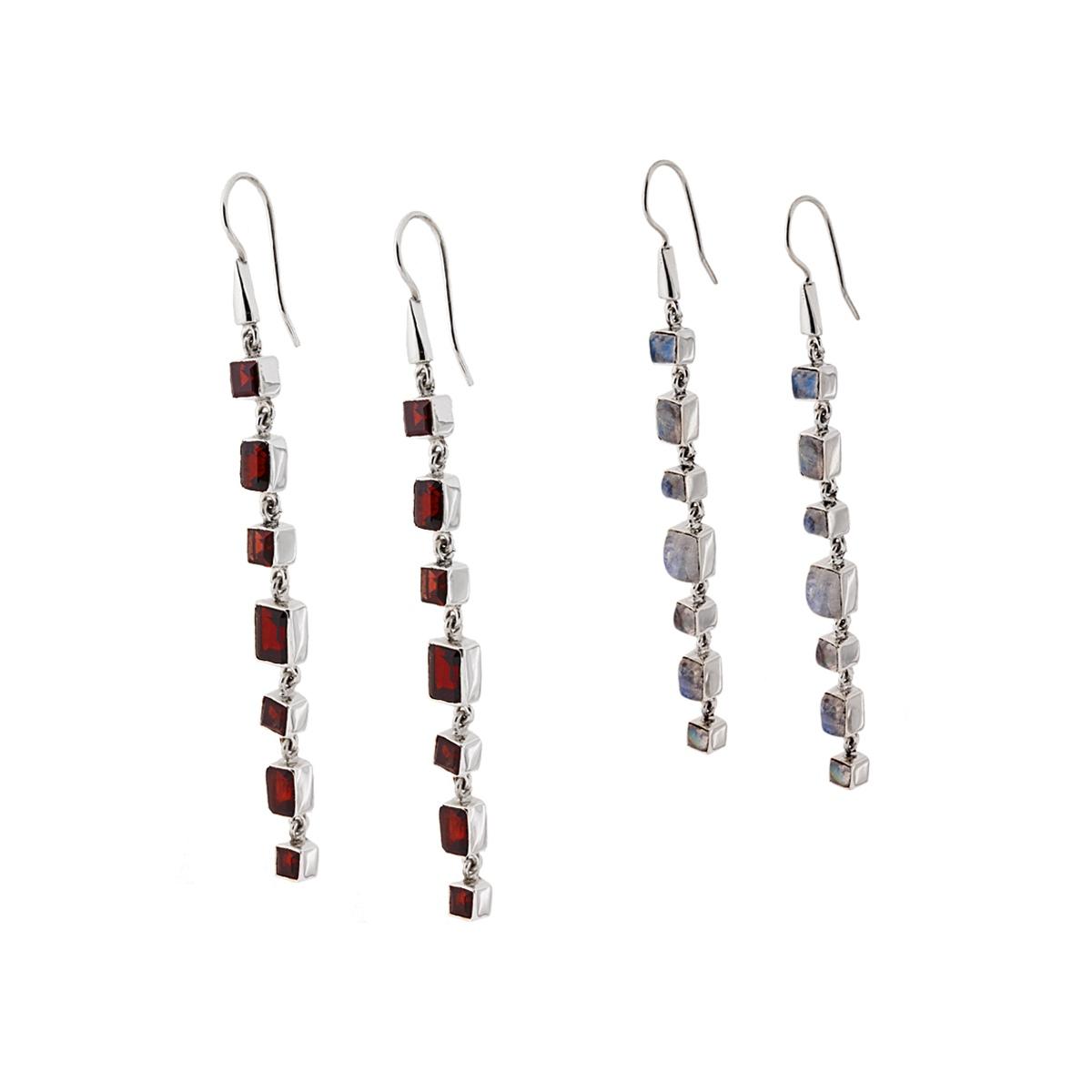 Orecchini Etnici Lunghi con Pietre Naturali Rettangolari in ARGENTO 925