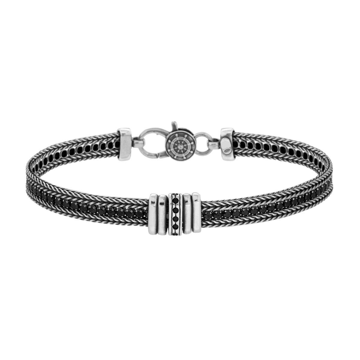 Bracciale due fili Catena Spiga filo Tennis Cubic Zirconia Nero Timone e accessori in ARGENTO 925 Ossidato