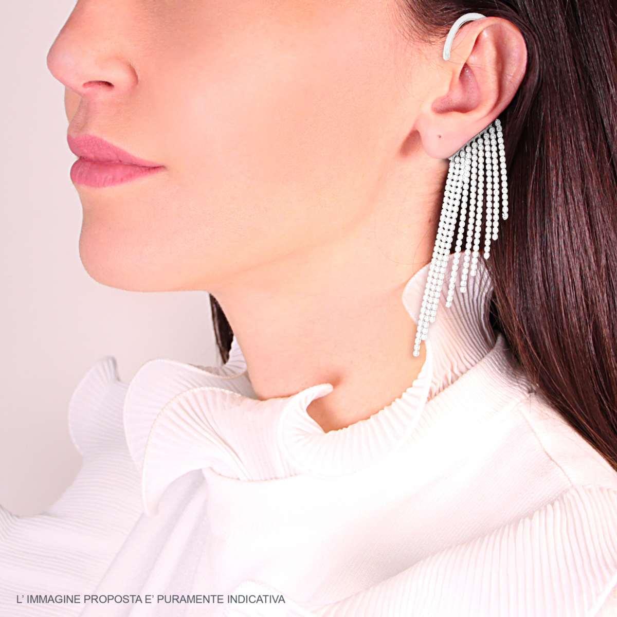 Orecchino Lungo Ear Cuff Sinistro Chandelier con Multifilo Tennis Cubic Zirconia Bianchi in ARGENTO 925 Galvanica Rodio
