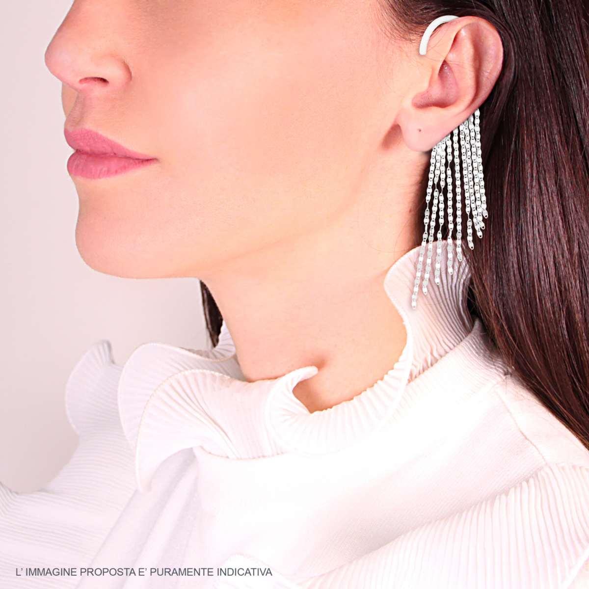 Orecchino Lungo Ear Cuff Sinistro Chandelier con Multifilo Catena Marinara Diamantata in ARGENTO 925 Galvanica Rodio